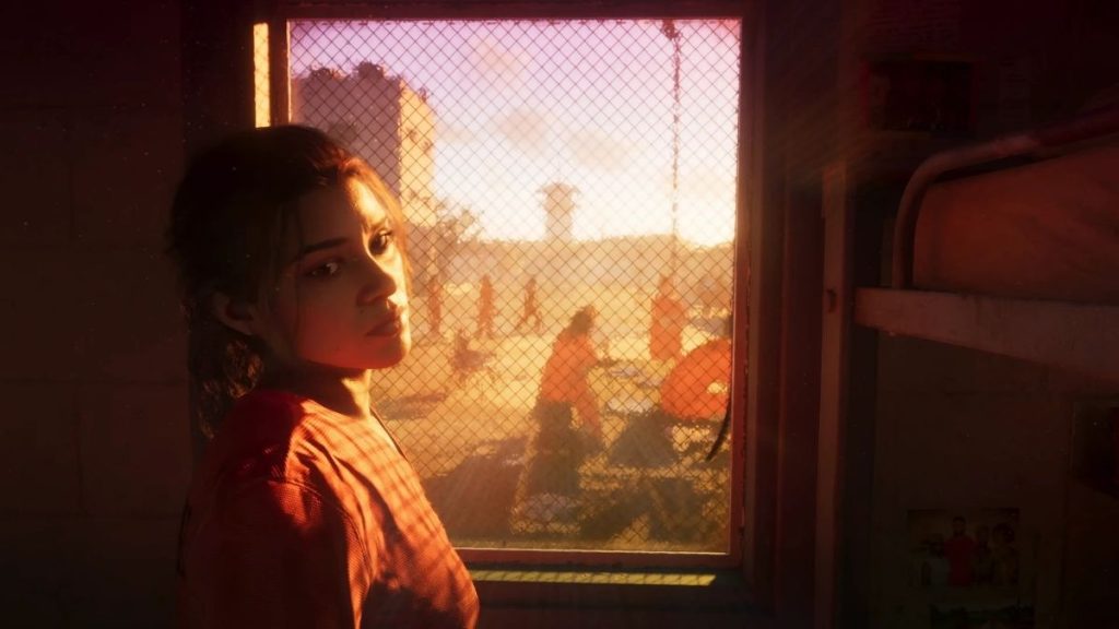 GTA 6 ilk trailer'da Lucia Caminos karakterinin hapishane odasında turuncu mahkum kıyafetiyle pencereden dışarıya bakarken kameraya döndüğü an