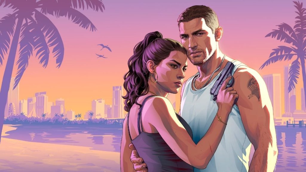 GTA VI ön sipariş dönemine özel paylaşılan, pembe gün batımı arka planında birbirine sarılan ve Jason'ın elinde tabanca tuttuğu resmi Lucia ve Jason karakter çizimi