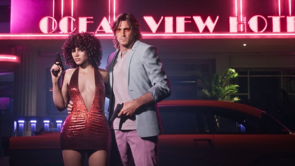 Pembe neon ışıklı Ocean View Hotel önünde 80'ler tarzı takım elbise ve simli elbiseyle duran iki karakteri gösteren GTA 6 ön sipariş Vintage Vice City kozmetik içeriği