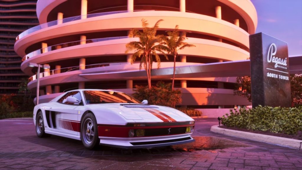 GTA 6 ön sipariş özel sürüm içeriğinde yer alan, Pegassi Residences South Tower önünde duran kırmızı şeritli beyaz renkli spor araba Grotti Cheetah