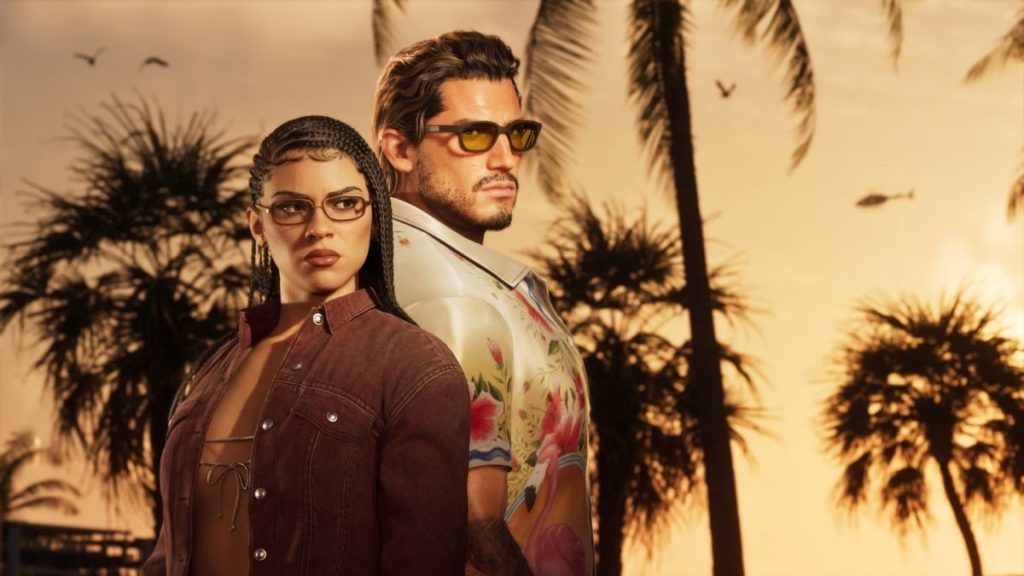 GTA 6 ön sipariş Ultimate Edition dijital bonusu olan flamingo desenli gömlek ve özel gözlüklerle poz veren premium Lucia ve Jason karakter tasarımları