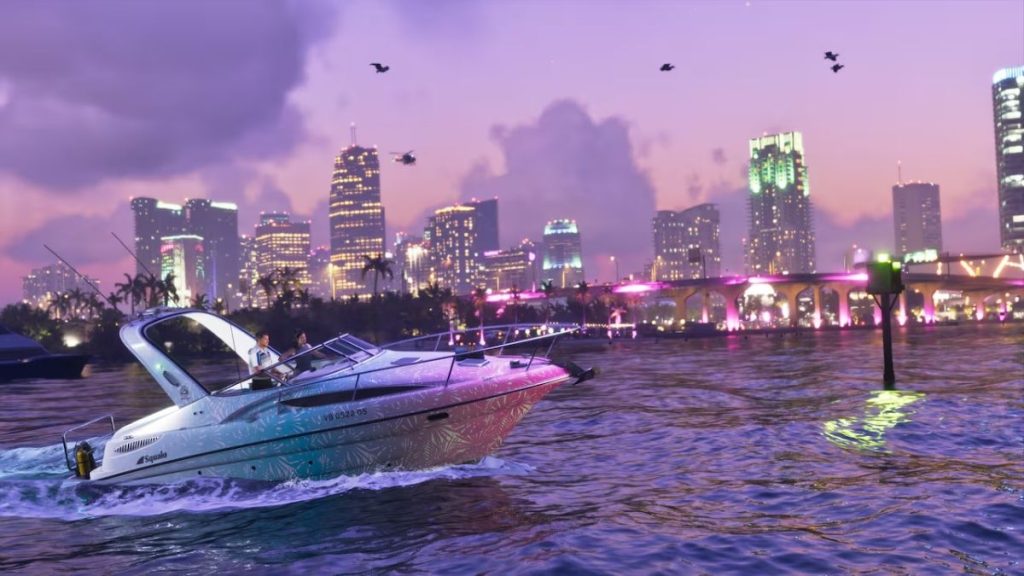 Mor gün batımı gökyüzü ve Vice City gökdelenleri manzarası eşliğinde denizde ilerleyen, GTA 6 ön sipariş Ultimate Edition dijital bonusu özel kaplamalı Squalo sürat teknesi