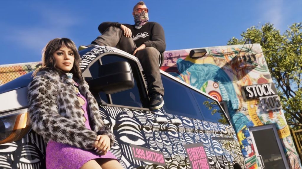 Grafiti kaplı Stock 305 binası önünde göz desenli modifiyeli minibüse yaslanan leopar kürklü kadın ve çatıda oturan maskeli adamı gösteren GTA 6 ön sipariş kozmetik paketi