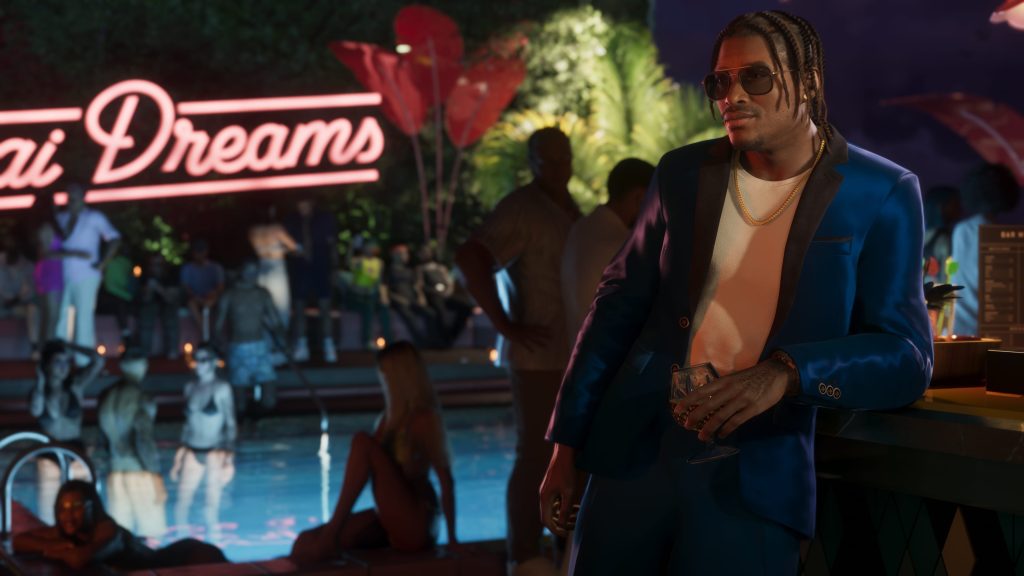 GTA 6'dan arkasında neon ışıklı Vice Dreams yazısı olan havuz partisinde DreQuan Priest