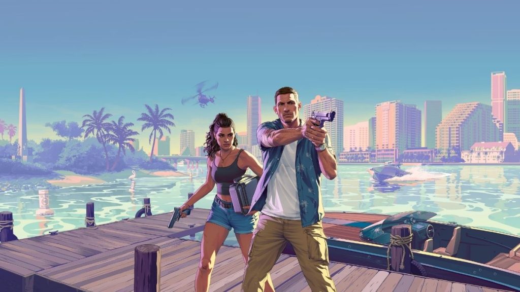 GTA 6 resmi çizim tarzında bir ahşap iskele üzerinde ellerinde silah ve çanta tutan Lucia Caminos ile Jason Duval karakterlerinin konsept görseli.