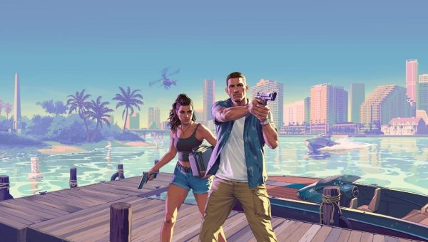 GTA 6 resmi çizim tarzında bir ahşap iskele üzerinde ellerinde silah ve çanta tutan Lucia Caminos ile Jason Duval karakterlerinin konsept görseli.