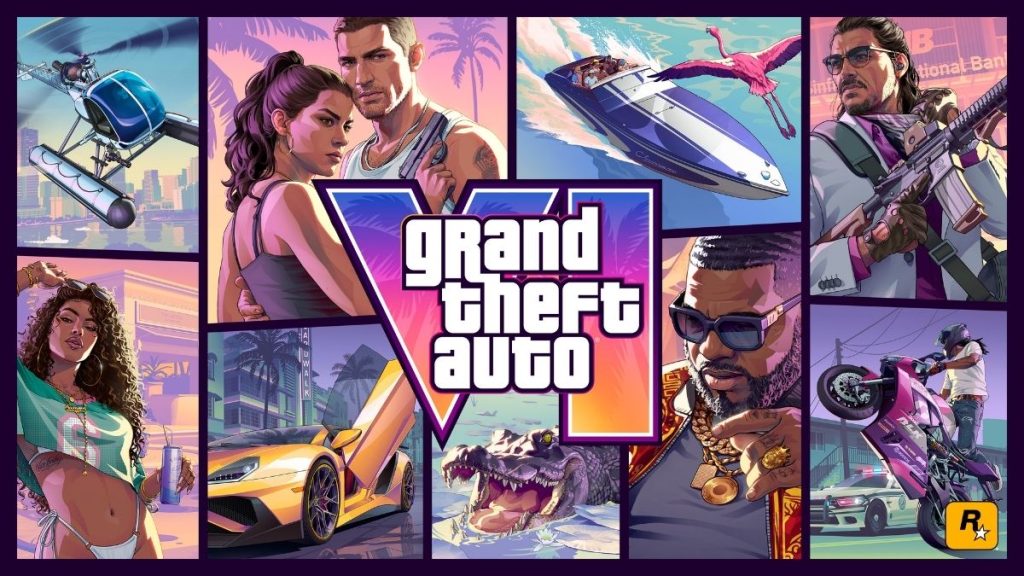 GTA VI ön siparişi ile belli olan ortasında büyük renkli Grand Theft Auto VI logosu bulunan, Lucia, Jason, spor arabalar, helikopter ve timsah çizimlerinden oluşan yatay resmi kapak tasarımı kolajı
