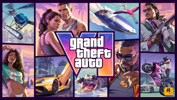 GTA VI ön siparişi ile belli olan ortasında büyük renkli Grand Theft Auto VI logosu bulunan, Lucia, Jason, spor arabalar, helikopter ve timsah çizimlerinden oluşan yatay resmi kapak tasarımı kolajı