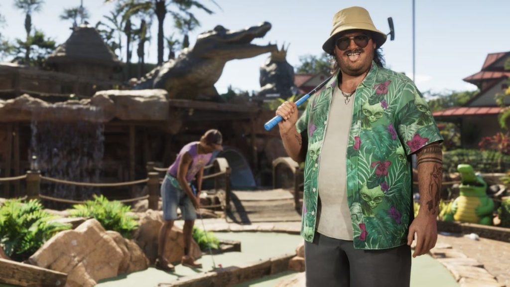 Mini golf sahasında GTA 6 karakterlerinden yeşil palmiye gömlekli ve şapkalı Cal Hampton, arkada dev timsah heykeli