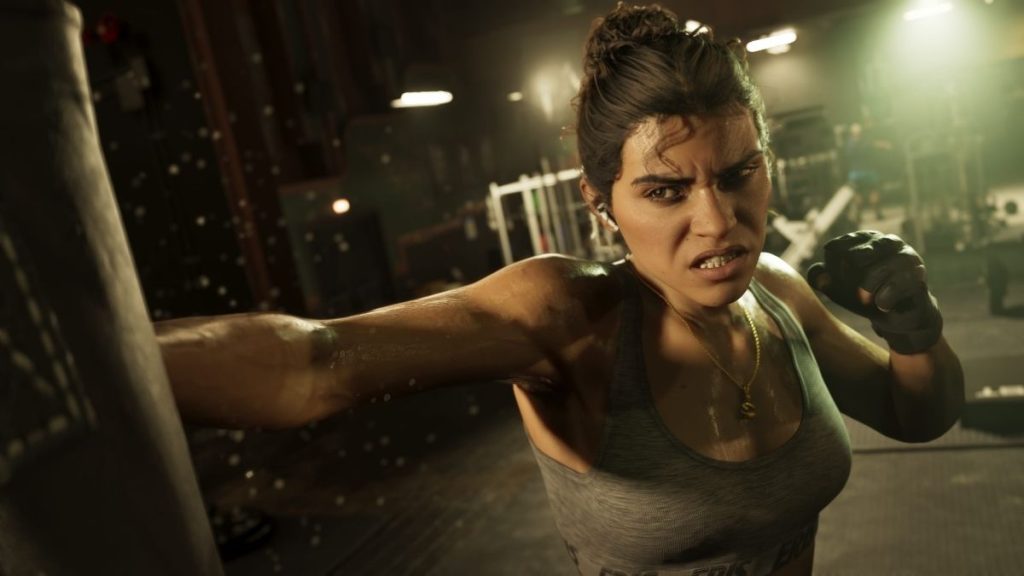 GTA 6 kadın ana karakteri Lucia Caminos'un spor salonunda boks torbasına yumruk attığı antrenman sahnesi