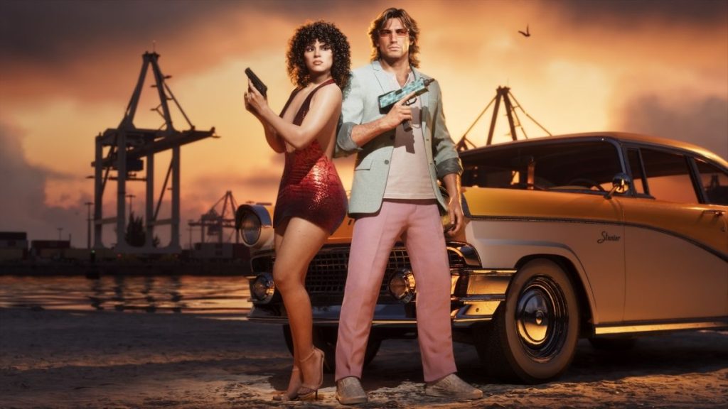 Klasik otomobil ve 80'ler tarzı kıyafetlerle limanda duran iki karakteri gösteren özel içerikli GTA 6 ön sipariş bonusu görseli